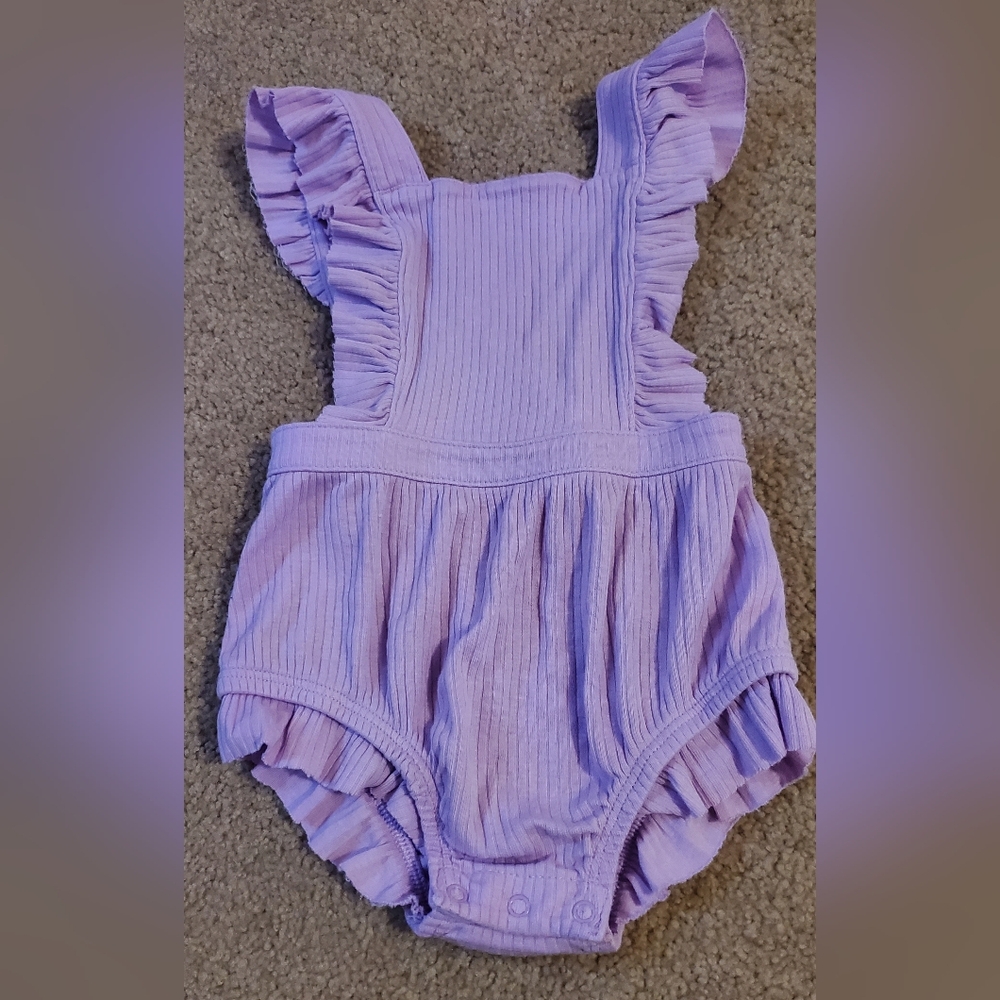 Lilac Ruffle Baby Romper. Adjustable Straps
